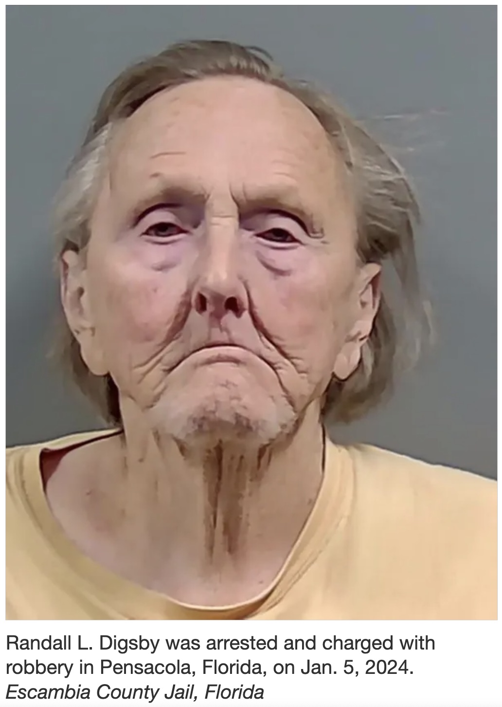 senior citizen - Randall L. Digsby was arrested and charged with robbery in Pensacola, Florida, on Jan. 5, 2024. Escambia County Jail, Florida